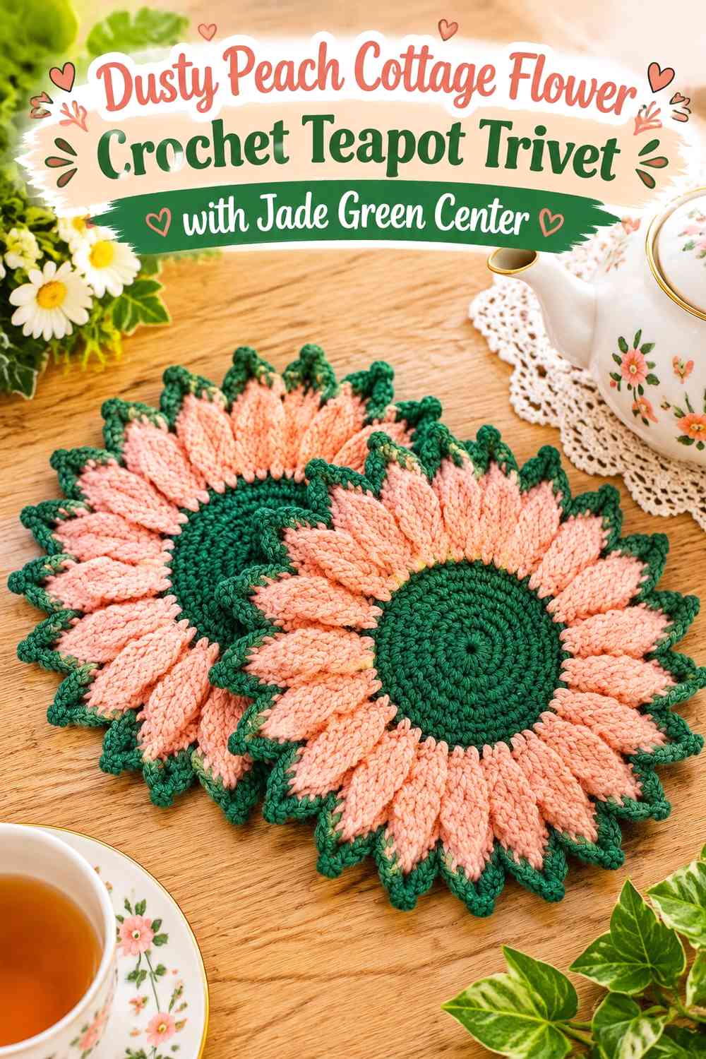 Dusty Peach Cottage Flower Crochet Teapot Trivet with Jade Green Center
