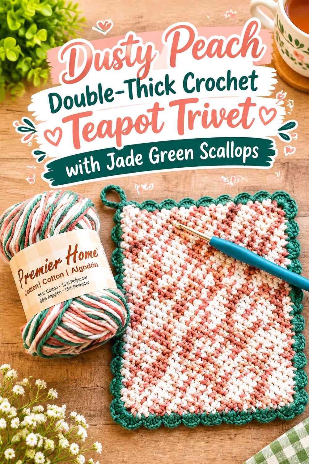 Dusty Peach Double-Thick Crochet Teapot Trivet with Jade Green Scallops