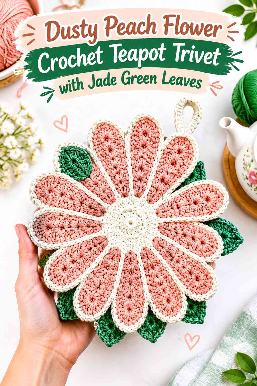 Dusty Peach Flower Crochet Teapot Trivet with Jade Green Leaves