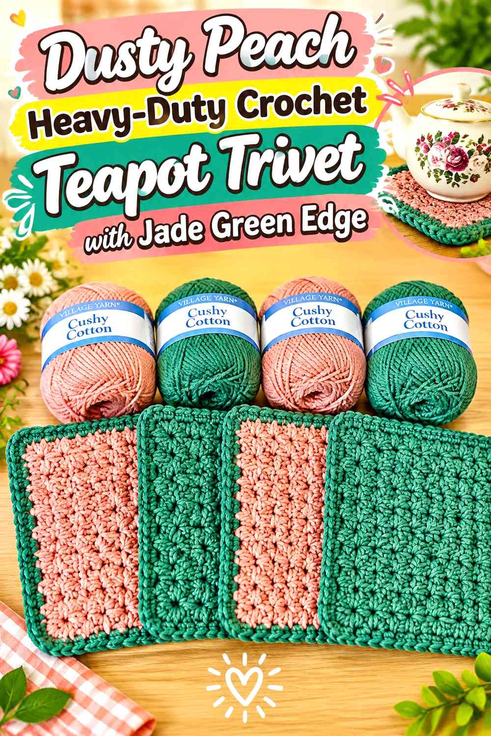 Dusty Peach Heavy-Duty Crochet Teapot Trivet with Jade Green Edge