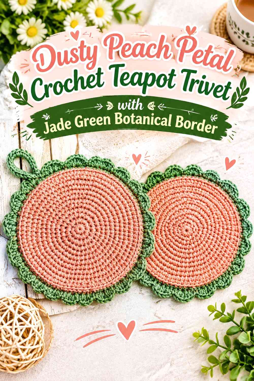 Dusty Peach Petal Crochet Teapot Trivet with Jade Green Botanical Border