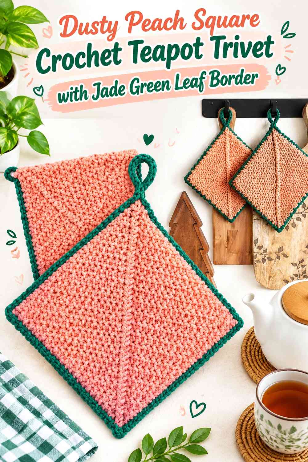 Dusty Peach Square Crochet Teapot Trivet with Jade Green Leaf Border