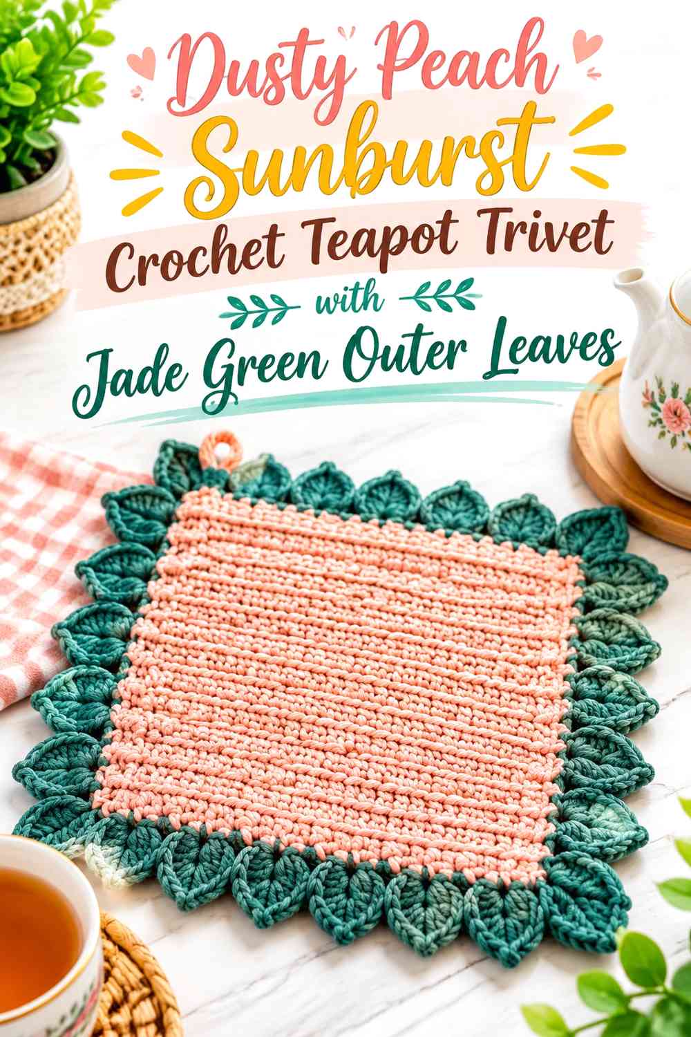 Dusty Peach Sunburst Crochet Teapot Trivet with Jade Green Outer Leaves