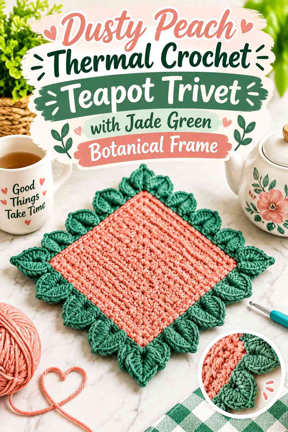 Dusty Peach Thermal Crochet Teapot Trivet with Jade Green Botanical Frame