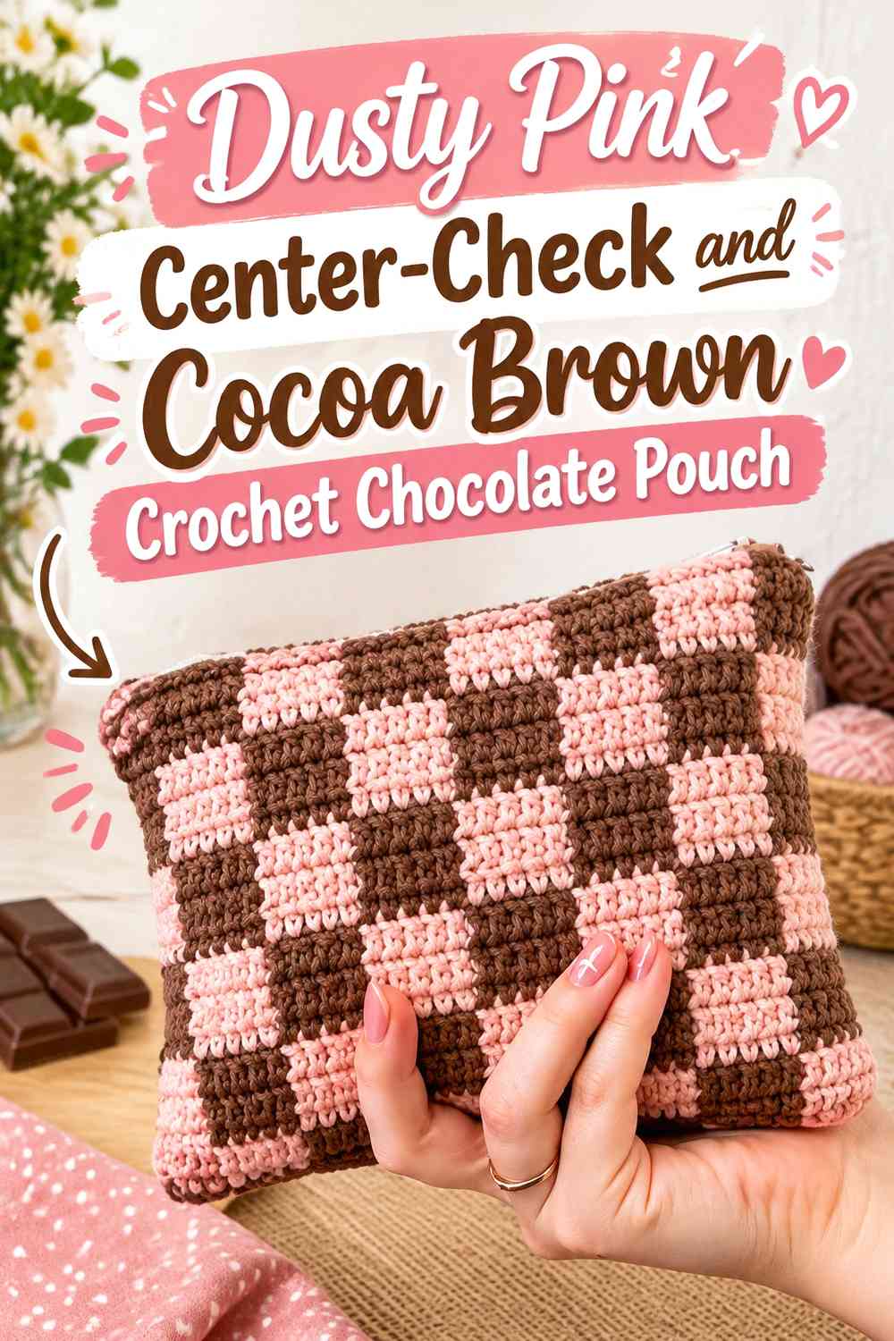 Dusty Pink Center-Check and Cocoa Brown Crochet Chocolate Pouch