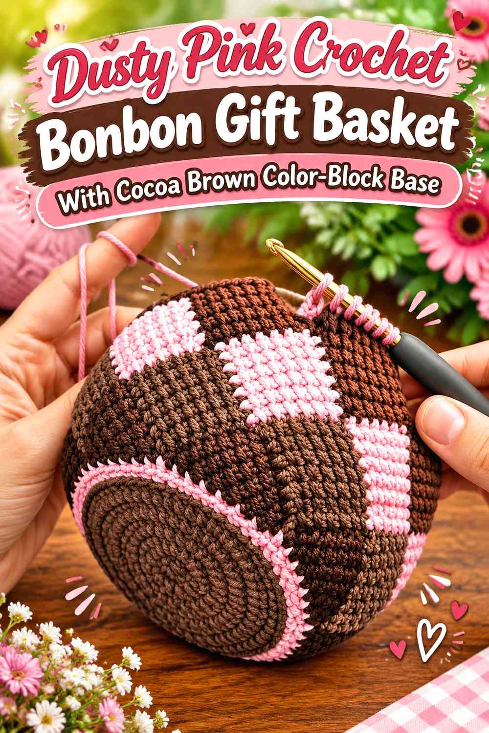 Dusty Pink Crochet Bonbon Gift Basket With Cocoa Brown Color-Block Base
