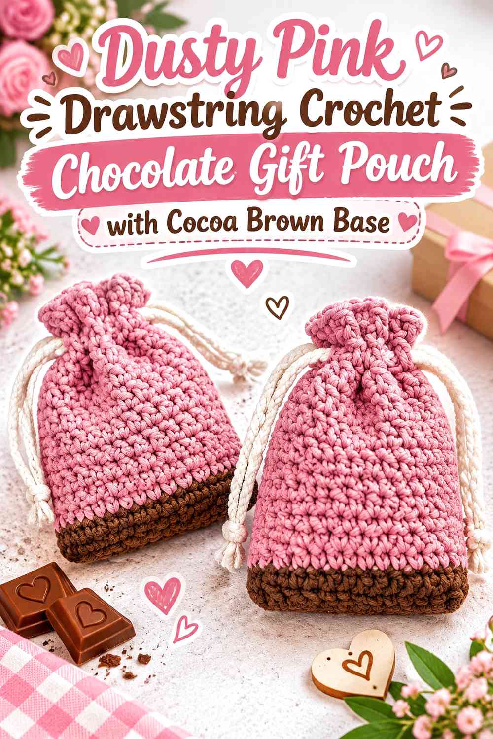 Dusty Pink Drawstring Crochet Chocolate Gift Pouch with Cocoa Brown Base