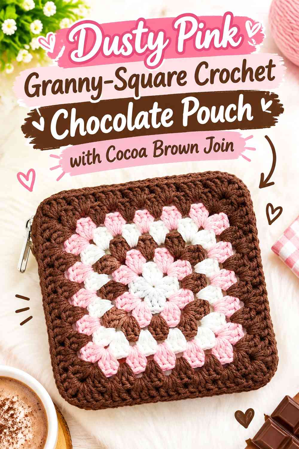 Dusty Pink Granny-Square Crochet Chocolate Pouch with Cocoa Brown Join