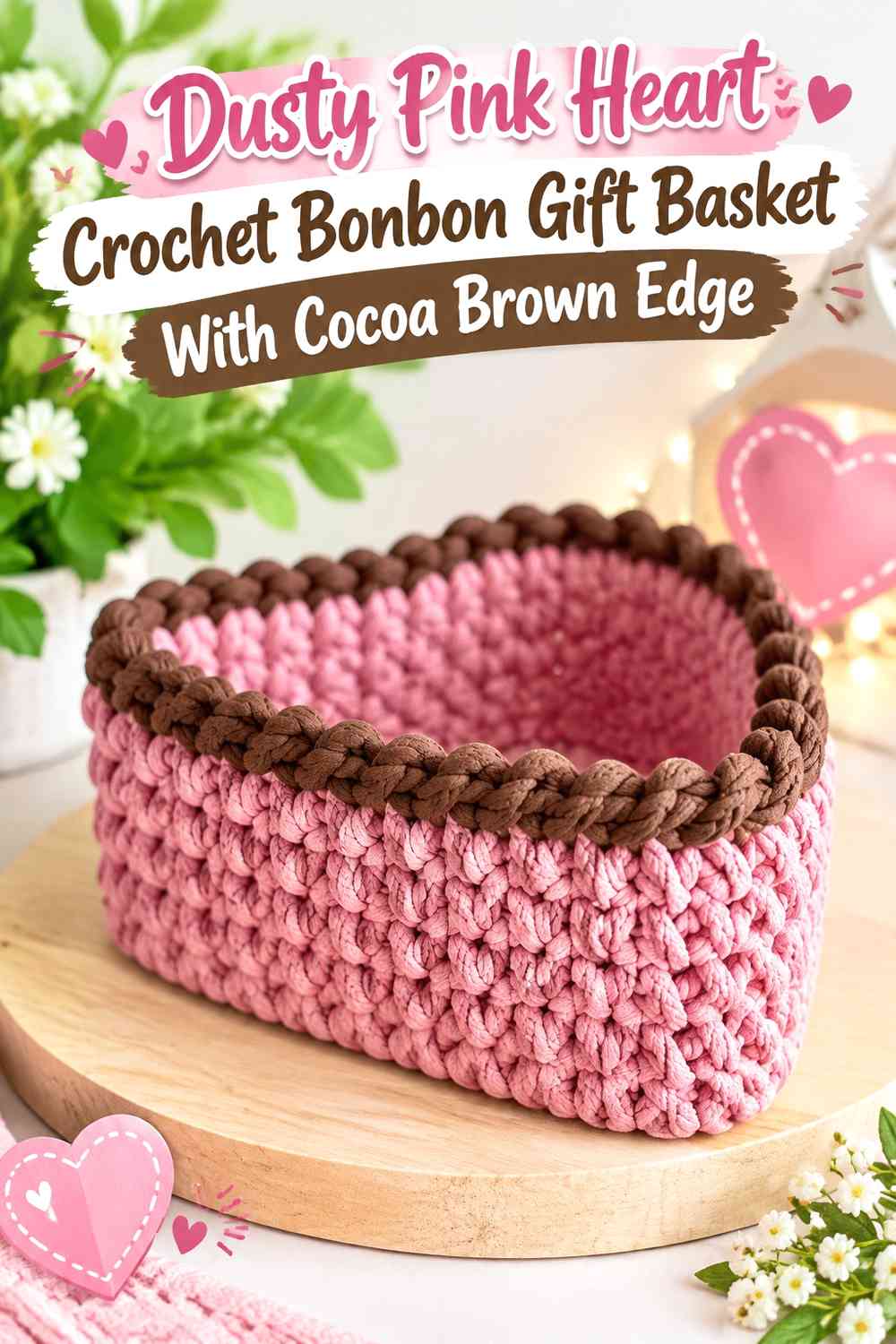 Dusty Pink Heart Crochet Bonbon Gift Basket With Cocoa Brown Edge