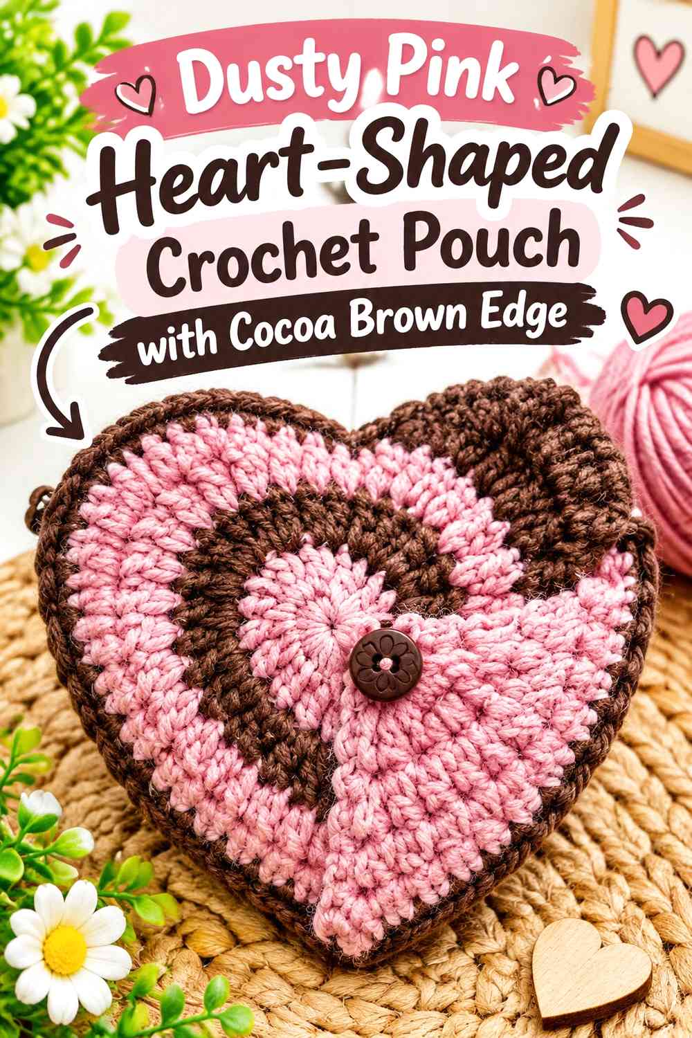 Dusty Pink Heart-Shaped Crochet Pouch with Cocoa Brown Edge
