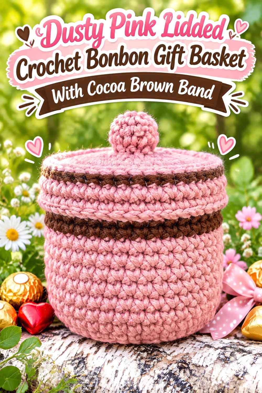 Dusty Pink Lidded Crochet Bonbon Gift Basket With Cocoa Brown Band