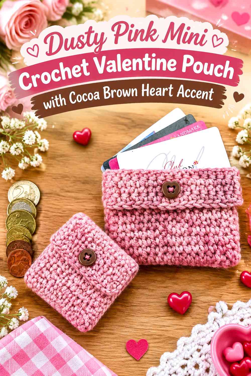 Dusty Pink Mini Crochet Valentine Pouch with Cocoa Brown Heart Accent