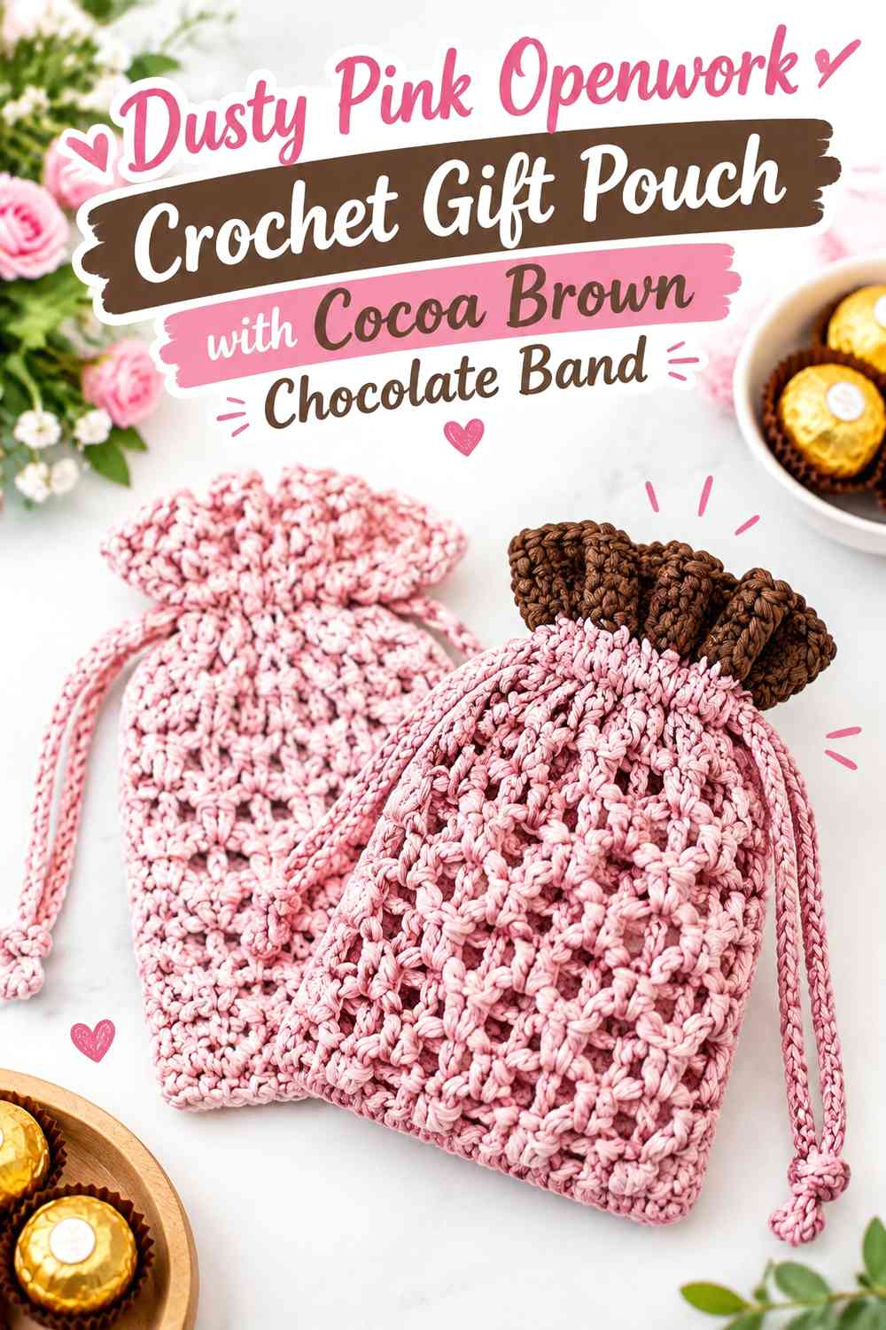 Dusty Pink Openwork Crochet Gift Pouch with Cocoa Brown Chocolate Band