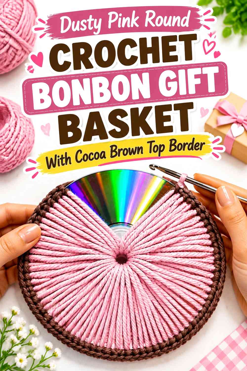Dusty Pink Round Crochet Bonbon Gift Basket With Cocoa Brown Top Border