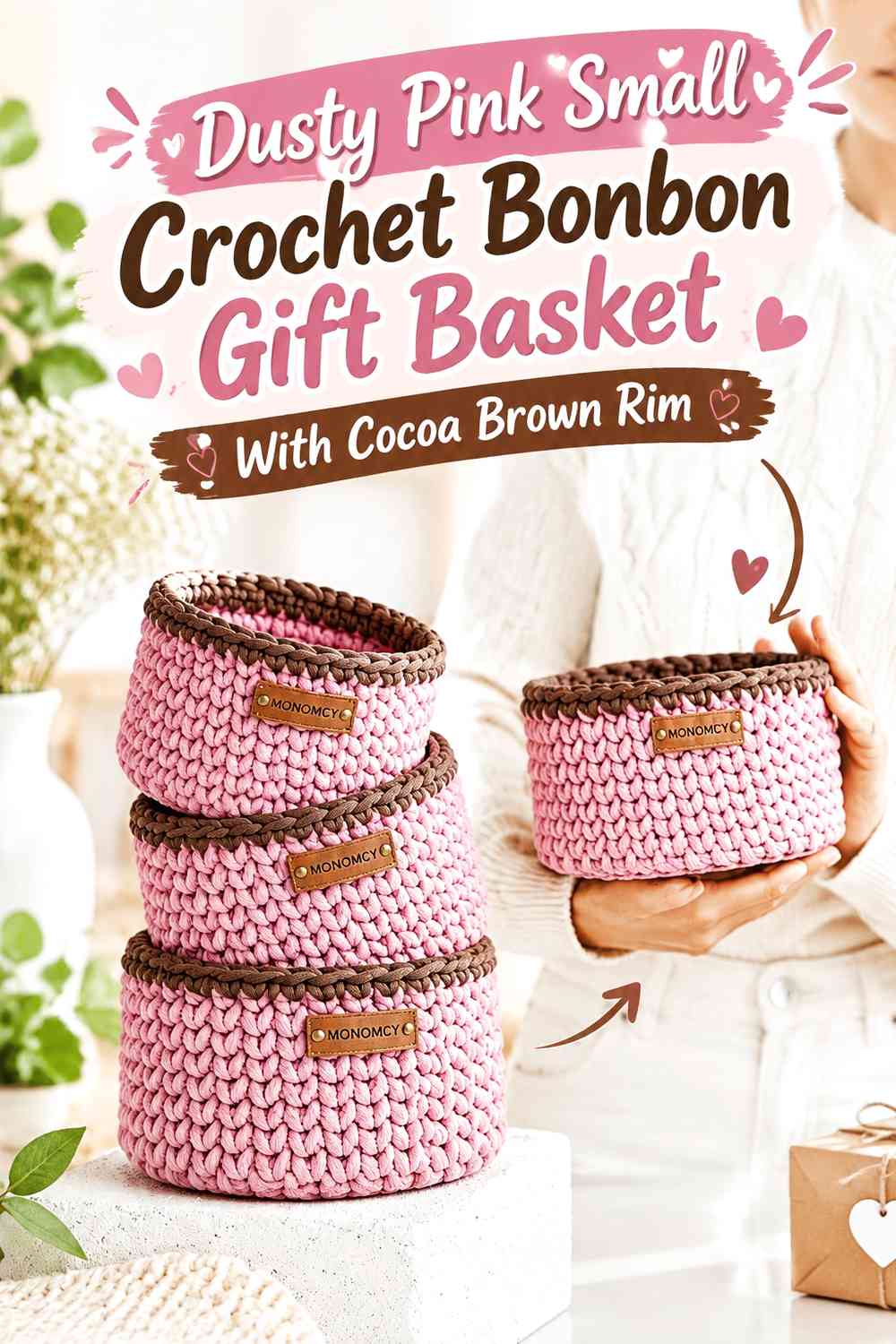 Dusty Pink Small Crochet Bonbon Gift Basket With Cocoa Brown Rim