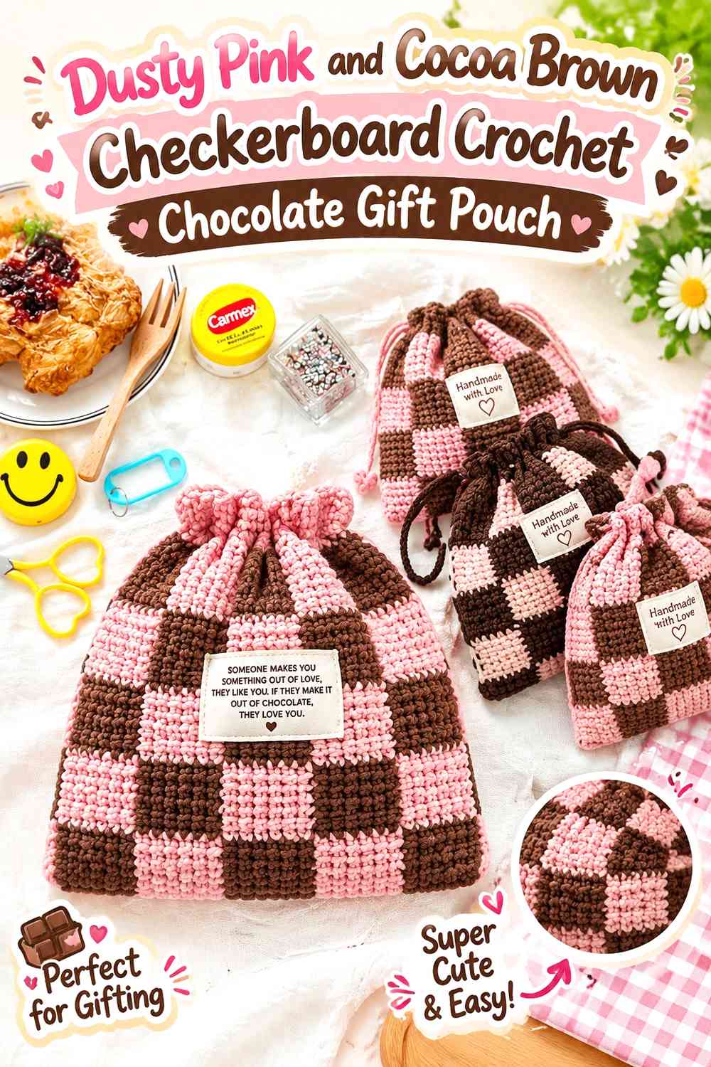 Dusty Pink and Cocoa Brown Checkerboard Crochet Chocolate Gift Pouch