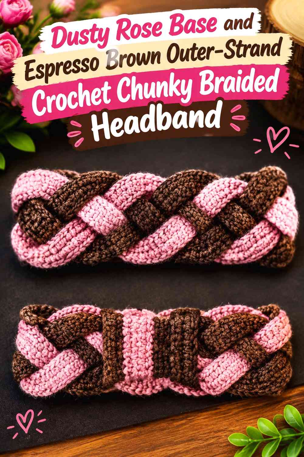 Dusty Rose Base and Espresso Brown Outer-Strand Crochet Chunky Braided Headband