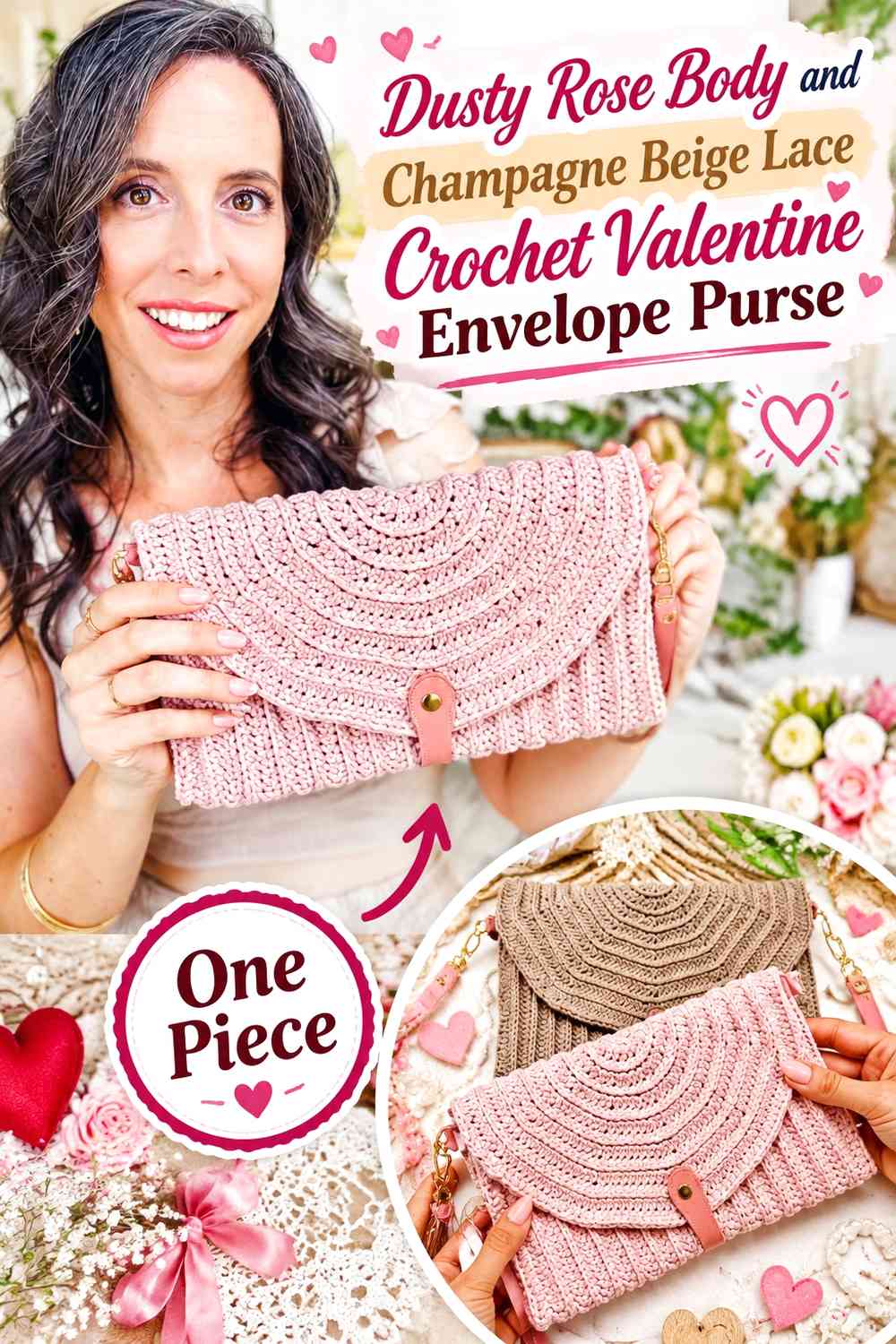 Dusty Rose Body and Champagne Beige Lace Crochet Valentine Envelope Purse