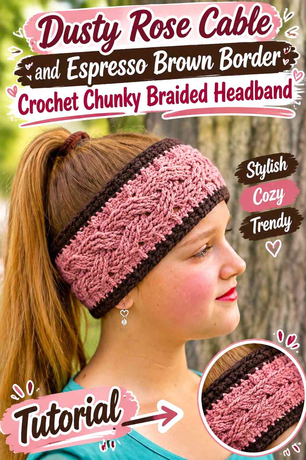 Dusty Rose Cable and Espresso Brown Border Crochet Chunky Braided Headband
