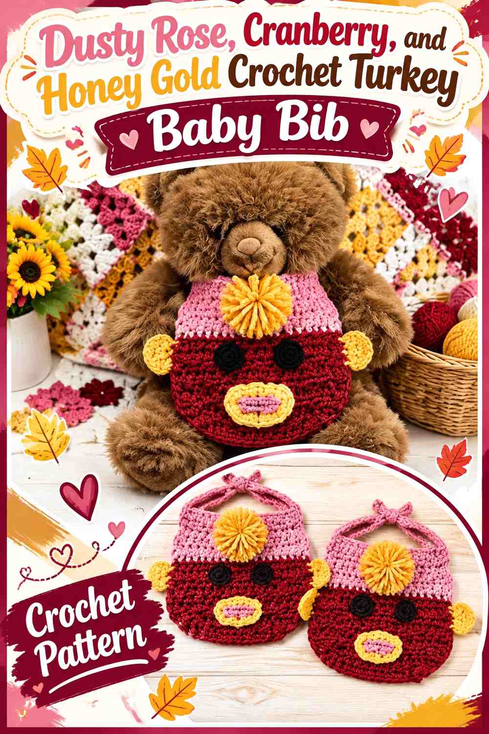 Dusty Rose, Cranberry, and Honey Gold Crochet Turkey Baby Bib