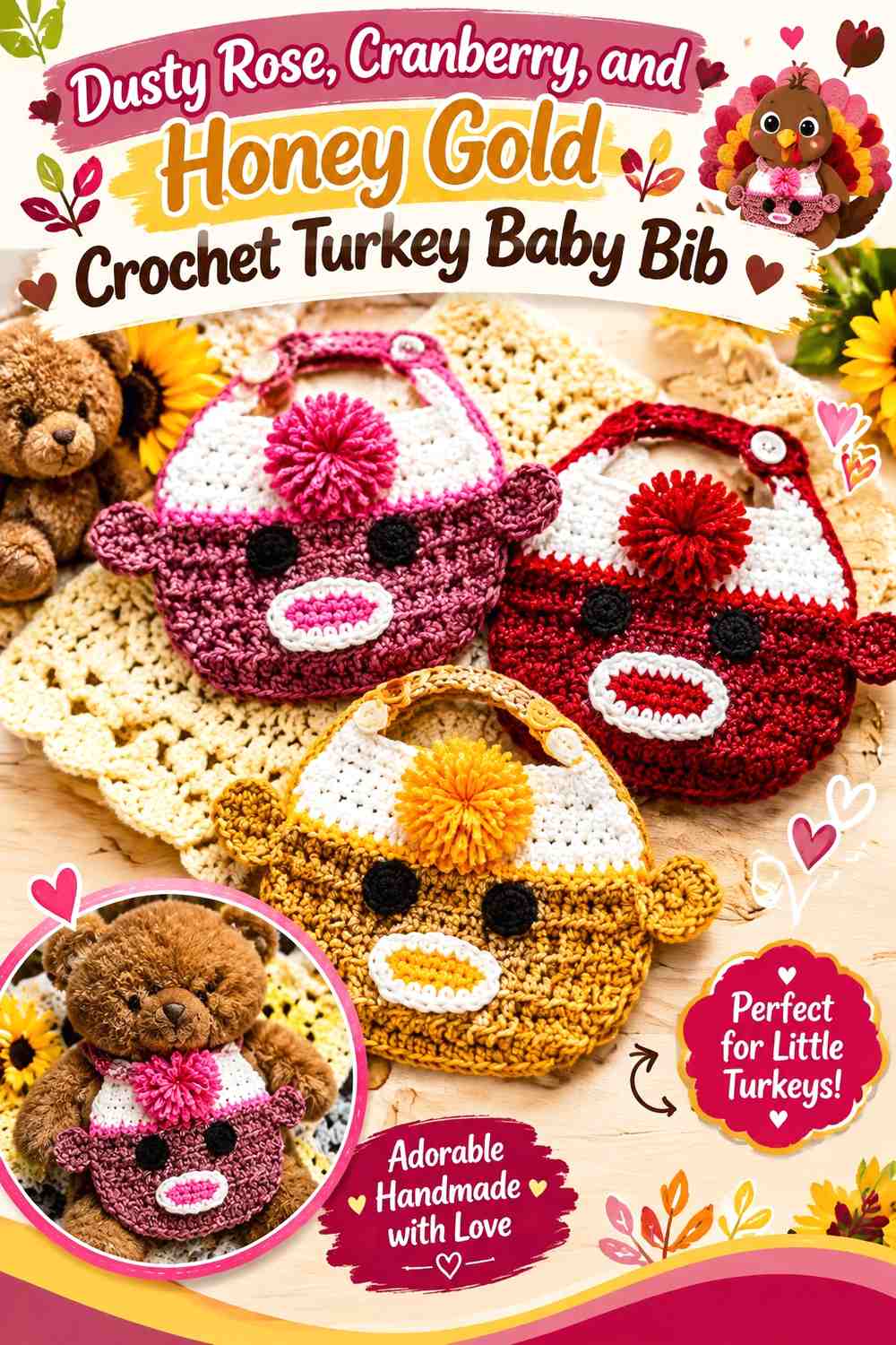 Dusty Rose, Cranberry, and Honey Gold Crochet Turkey Baby Bib