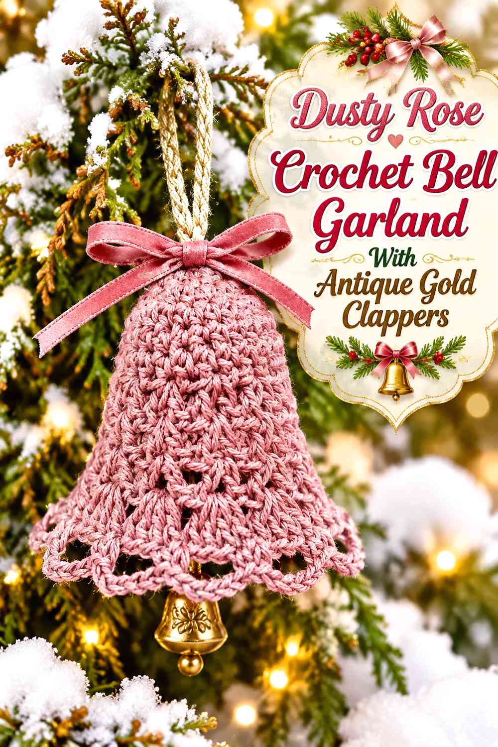 Dusty Rose Crochet Bell Garland With Antique Gold Clappers