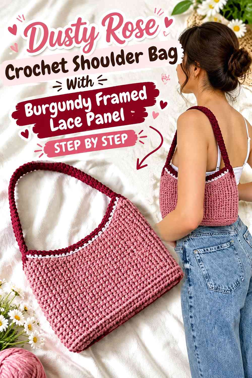 Dusty Rose Crochet Shoulder Bag With Burgundy Framed Lace Panel