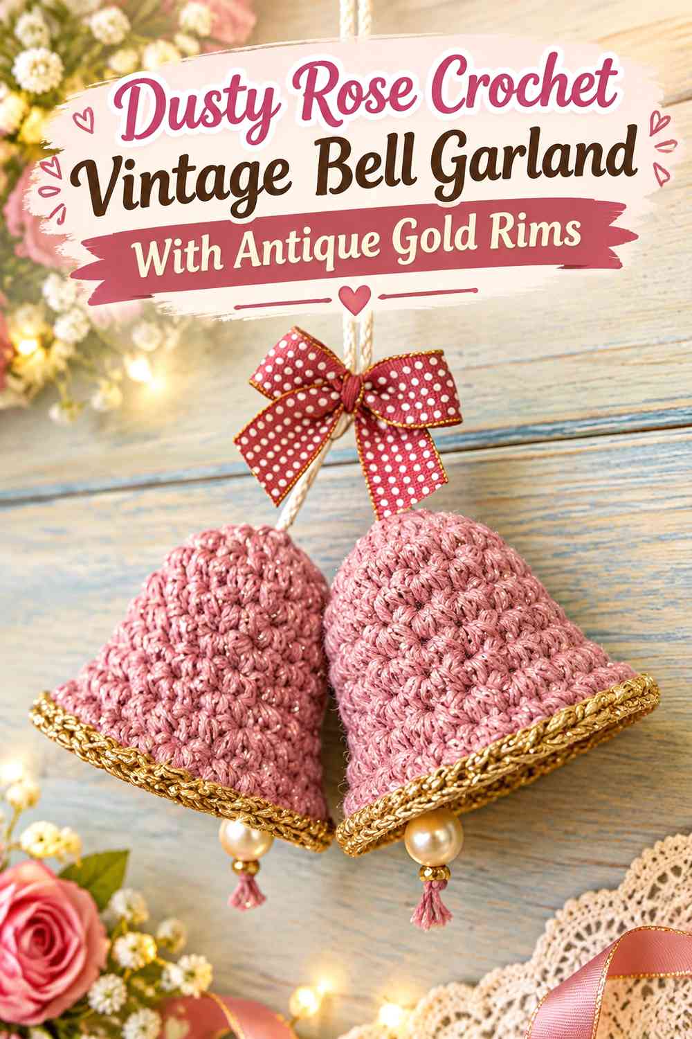 Dusty Rose Crochet Vintage Bell Garland With Antique Gold Rims
