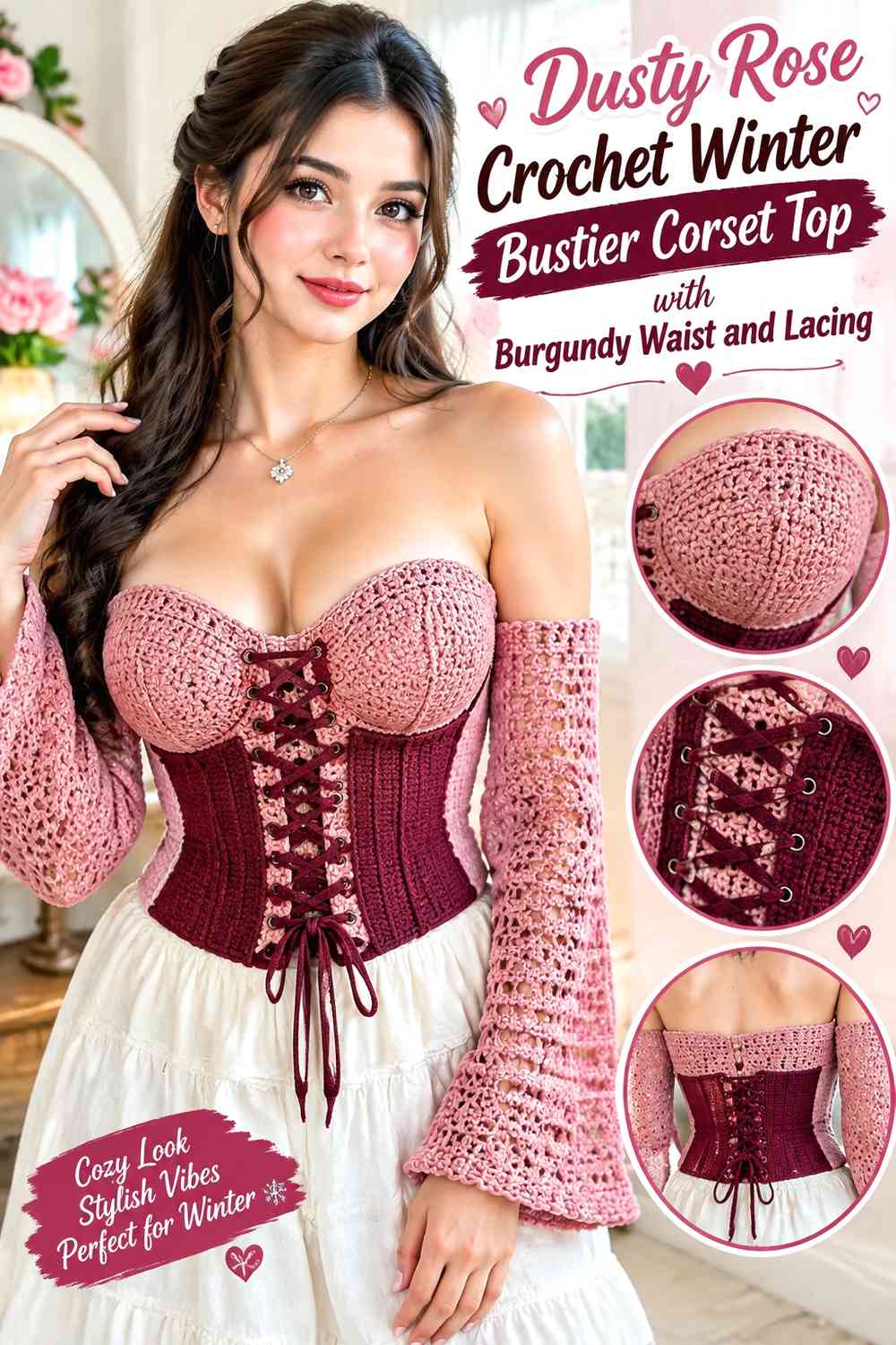 Dusty Rose Crochet Winter Bustier Corset Top with Burgundy Waist and Lacing
