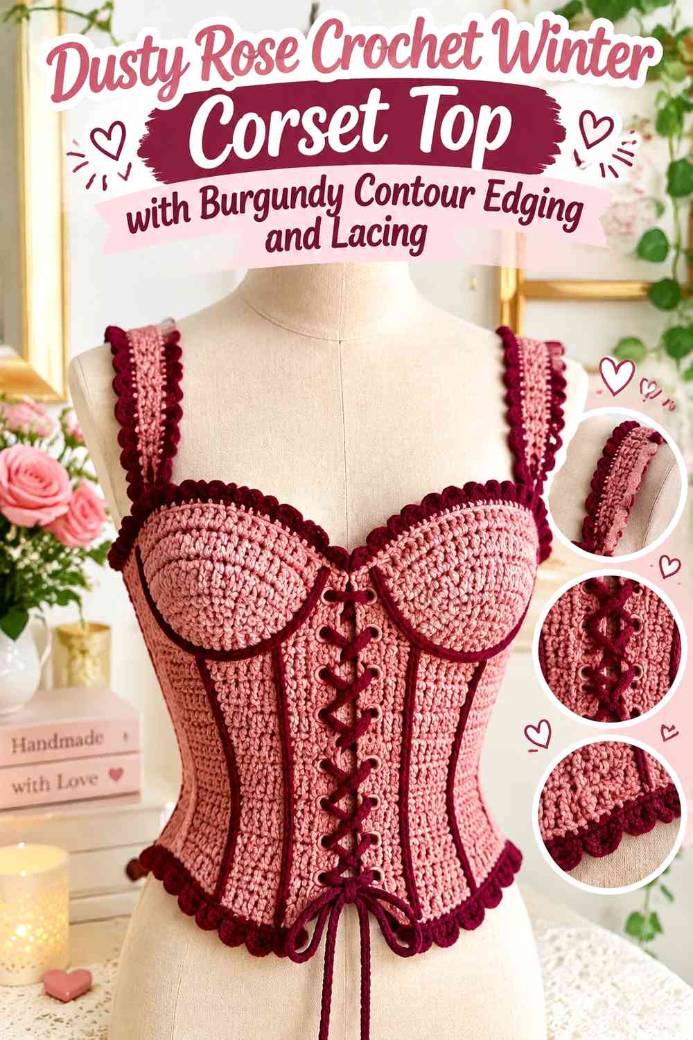 Dusty Rose Crochet Winter Corset Top with Burgundy Contour Edging and Lacing