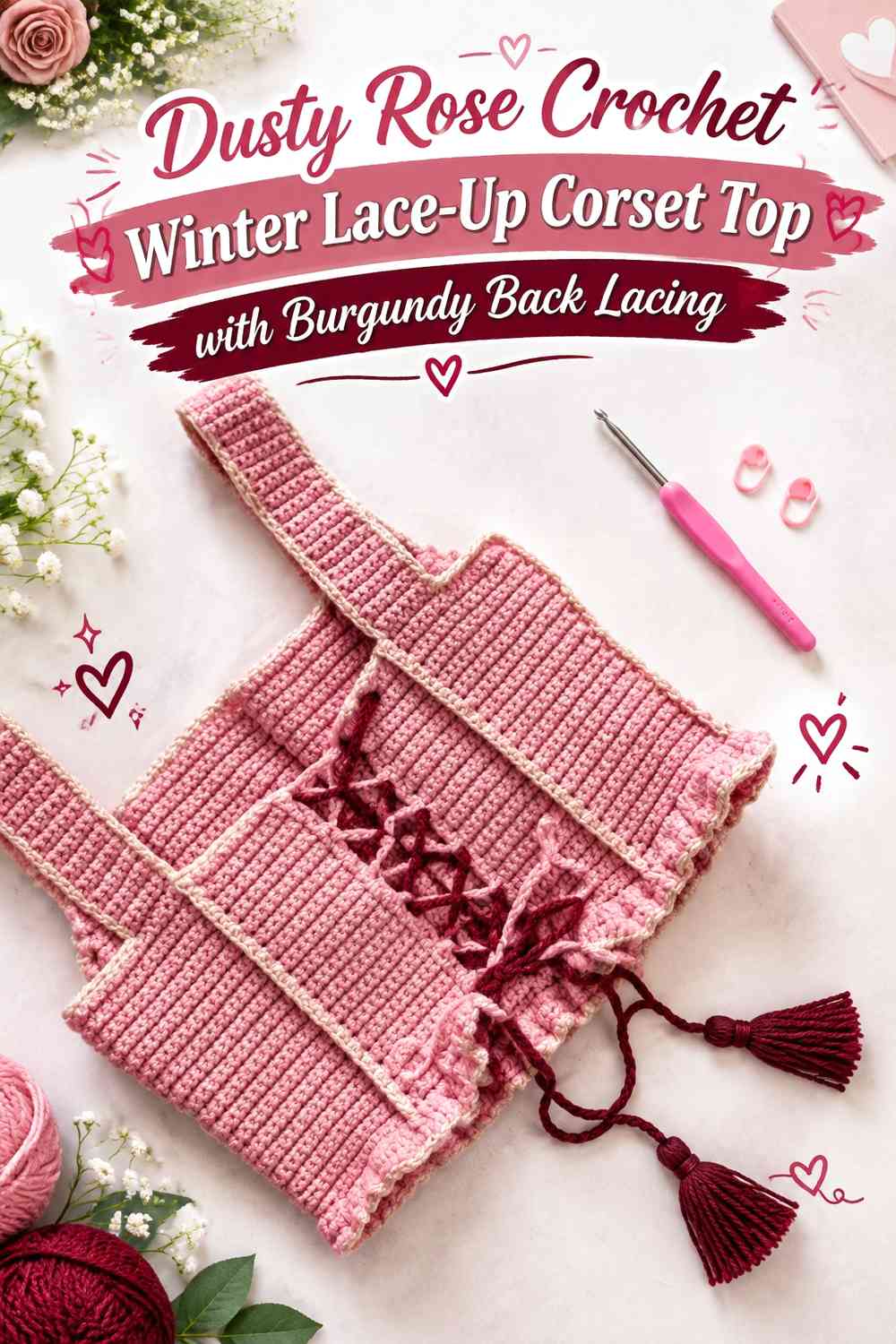 Dusty Rose Crochet Winter Lace-Up Corset Top with Burgundy Back Lacing