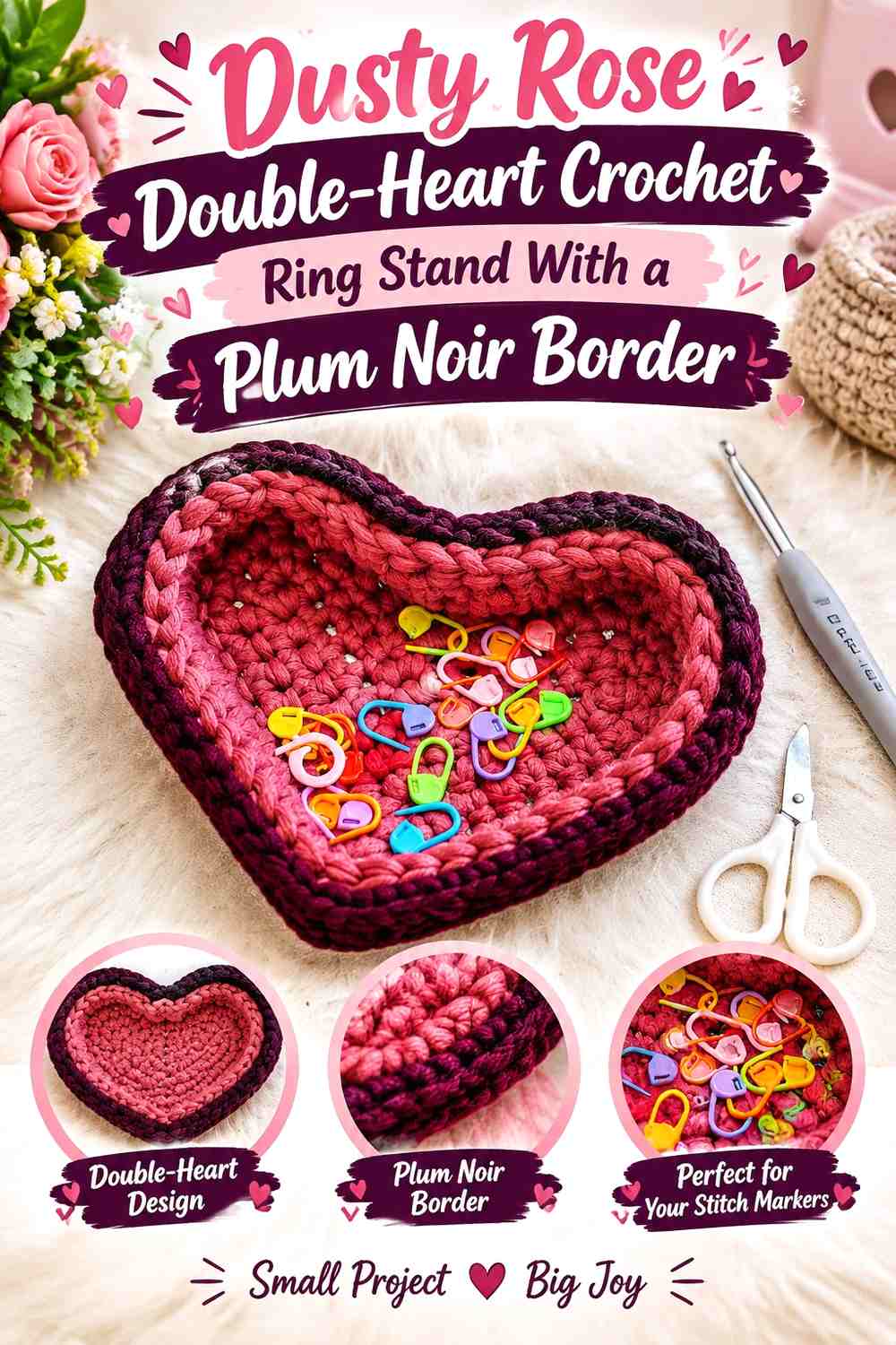 Dusty Rose Double-Heart Crochet Ring Stand With a Plum Noir Border