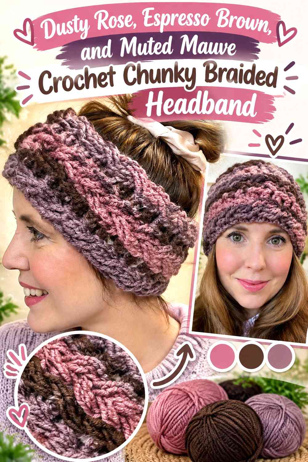 Dusty Rose, Espresso Brown, and Muted Mauve Crochet Chunky Braided Headband