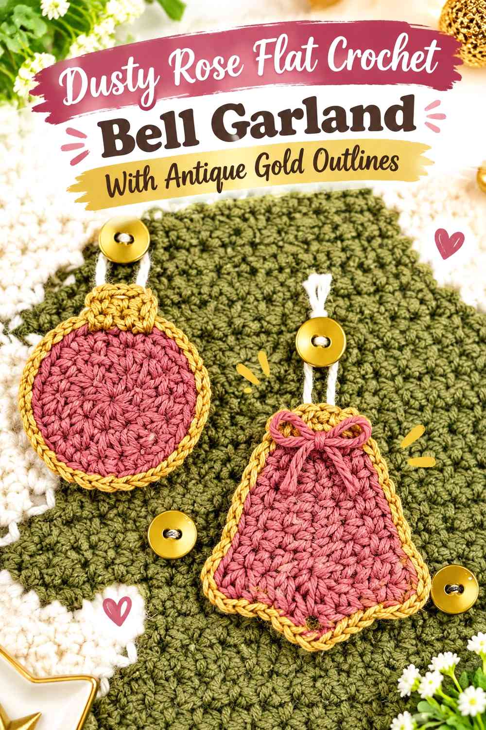 Dusty Rose Flat Crochet Bell Garland With Antique Gold Outlines