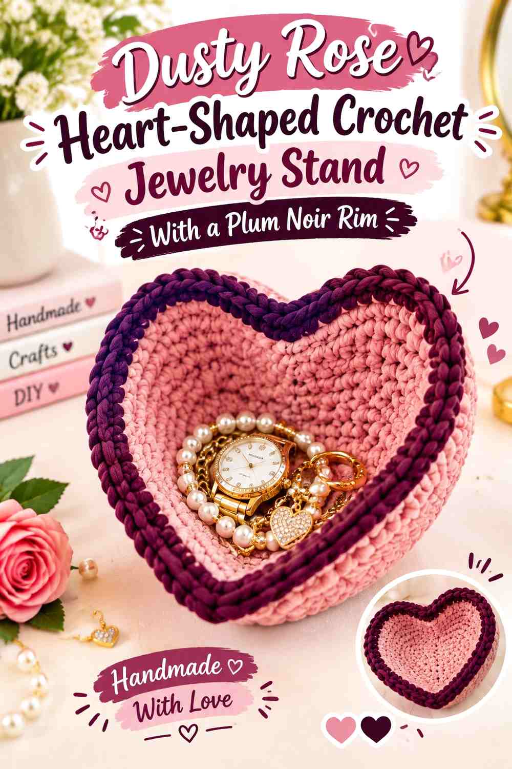 Dusty Rose Heart-Shaped Crochet Jewelry Stand With a Plum Noir Rim