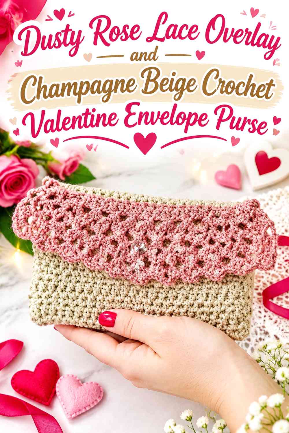 Dusty Rose Lace Overlay and Champagne Beige Crochet Valentine Envelope Purse