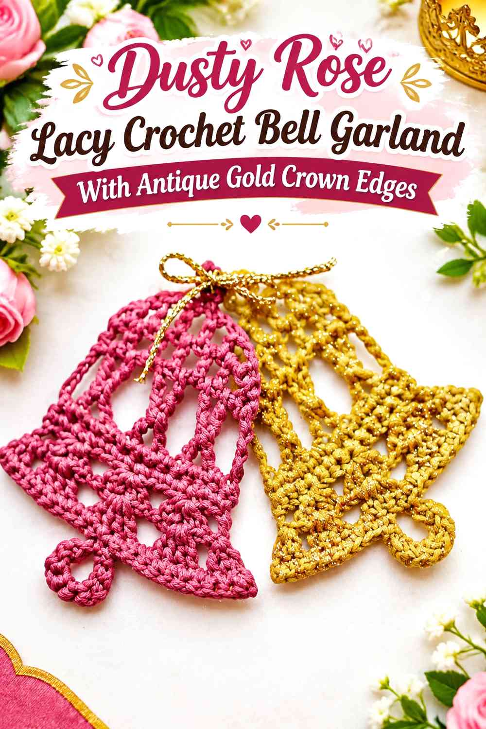 Dusty Rose Lacy Crochet Bell Garland With Antique Gold Crown Edges
