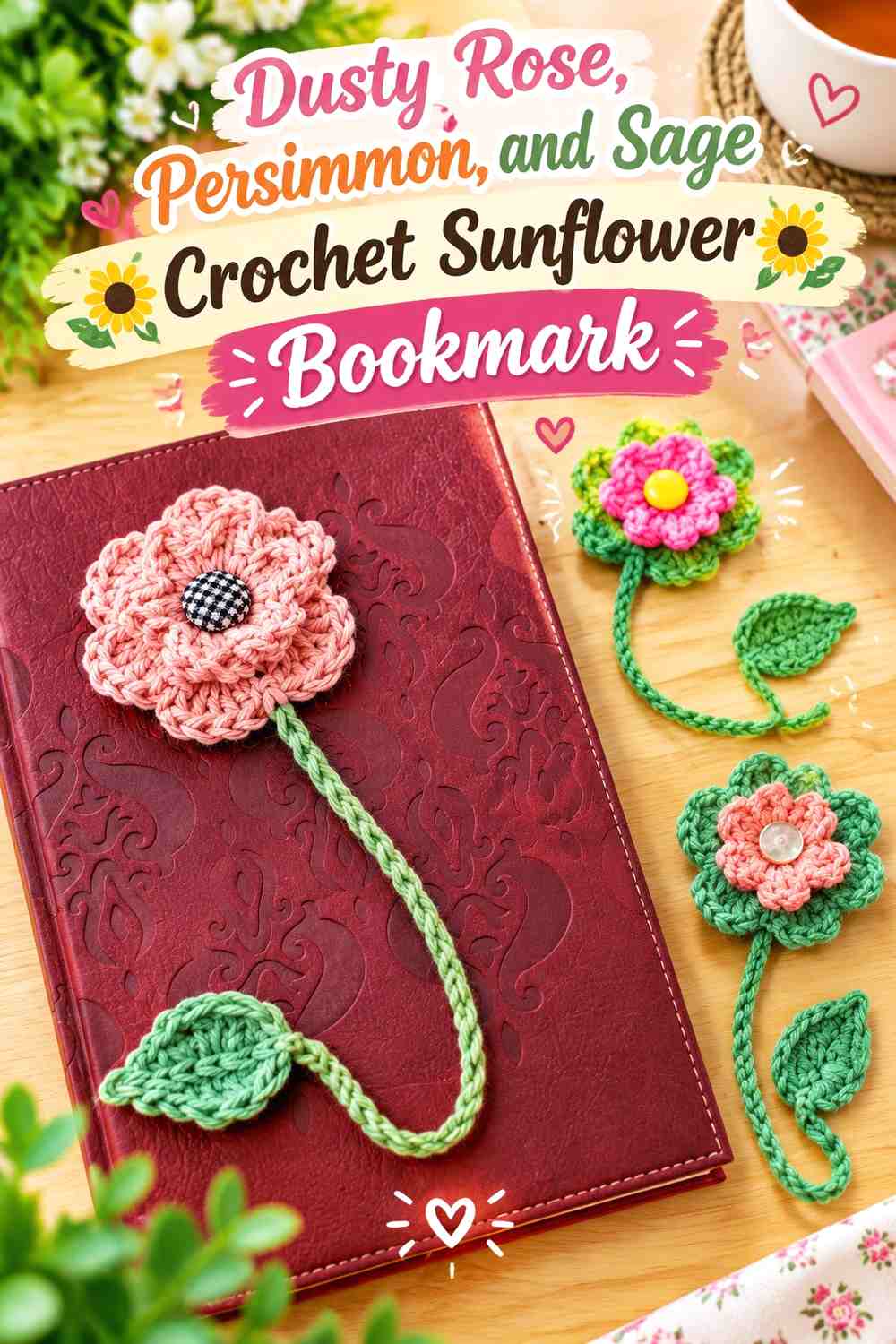 Dusty Rose, Persimmon, and Sage Crochet Sunflower Bookmark
