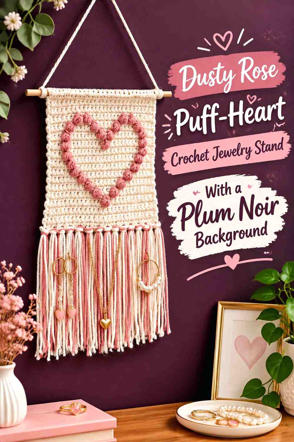 Dusty Rose Puff-Heart Crochet Jewelry Stand With a Plum Noir Background