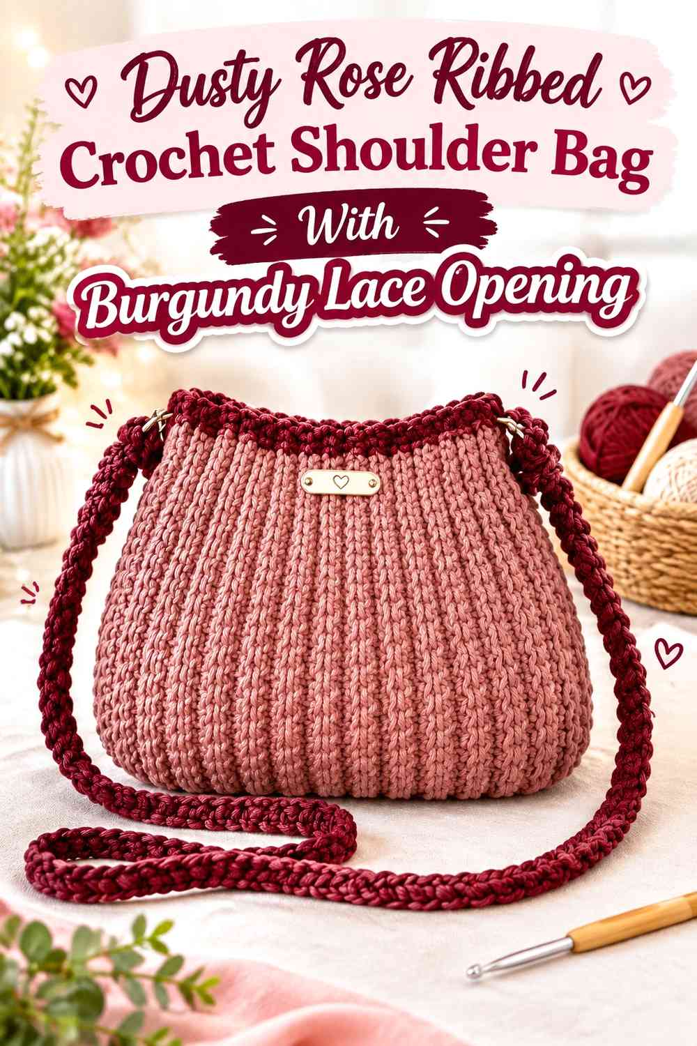 Dusty Rose Ribbed Crochet Shoulder Bag With Burgundy Lace Opening