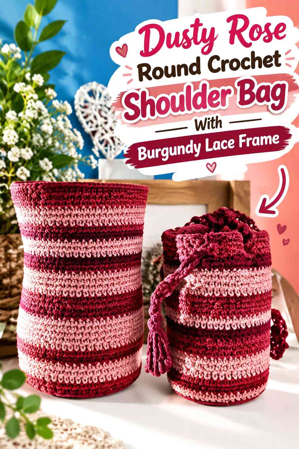 Dusty Rose Round Crochet Shoulder Bag With Burgundy Lace Frame