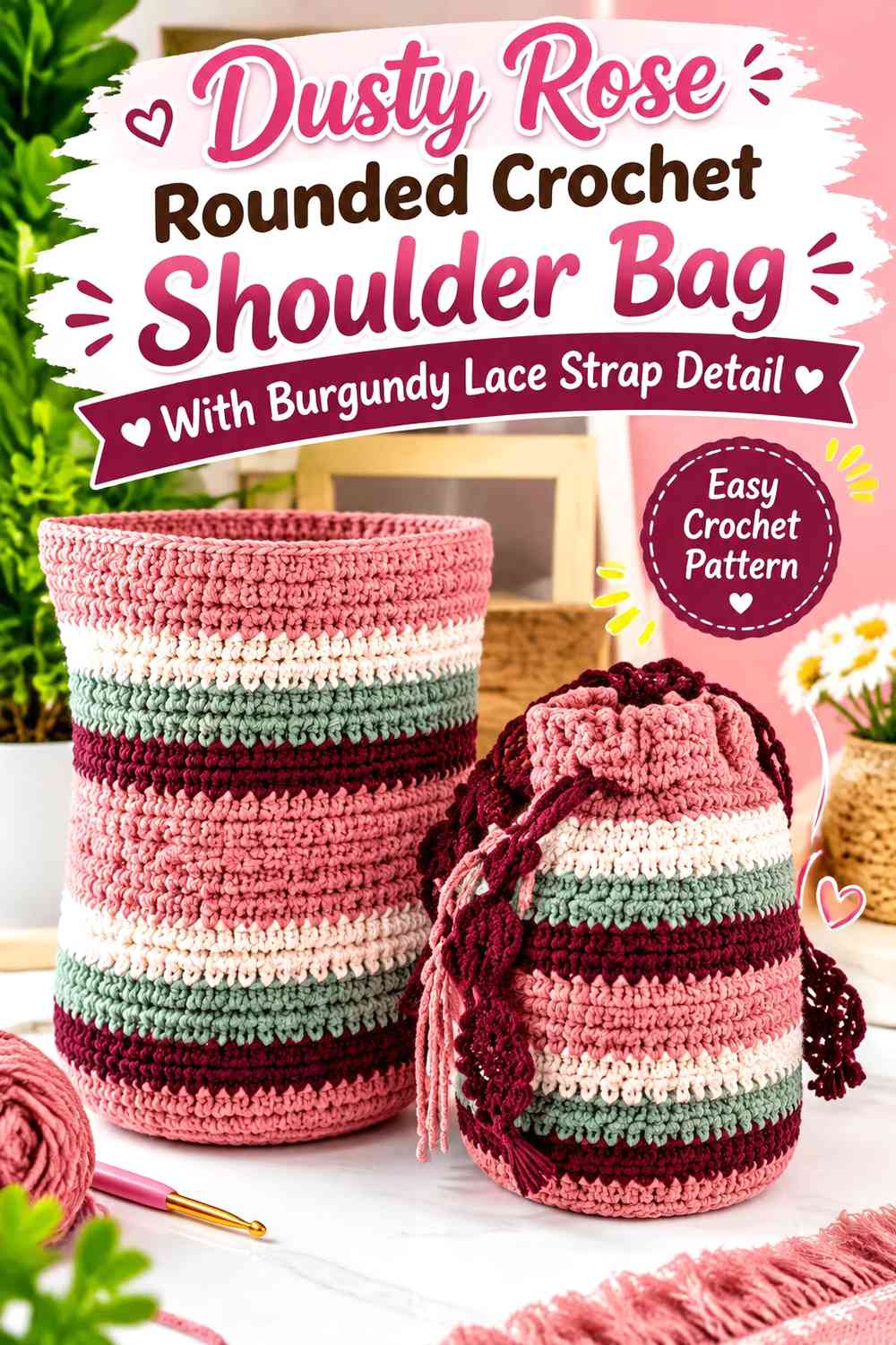Dusty Rose Rounded Crochet Shoulder Bag With Burgundy Lace Strap Detail