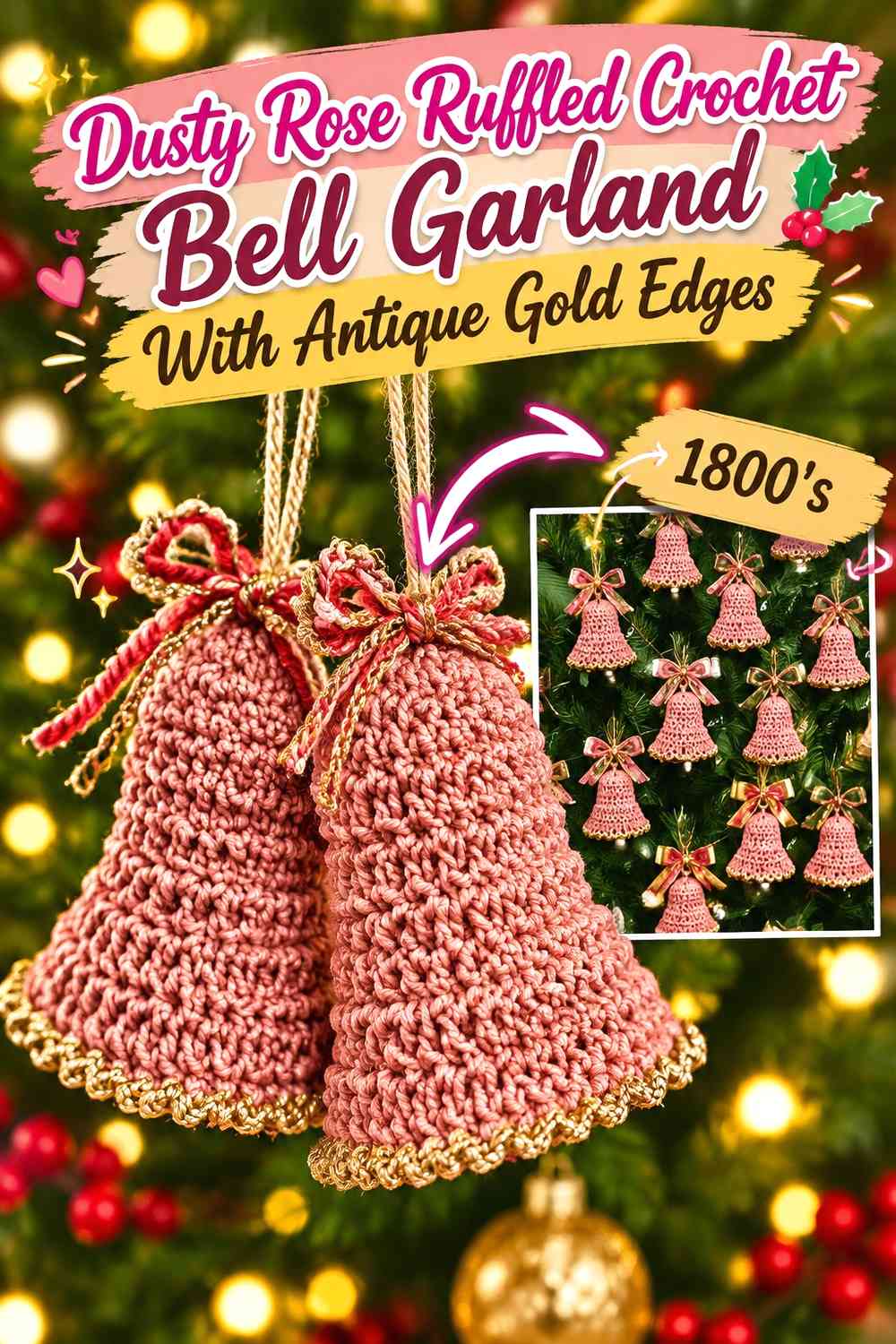 Dusty Rose Ruffled Crochet Bell Garland With Antique Gold Edges
