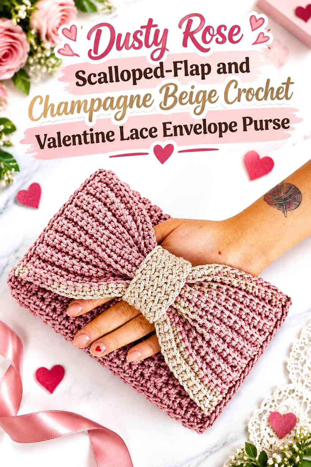 Dusty Rose Scalloped-Flap and Champagne Beige Crochet Valentine Lace Envelope Purse