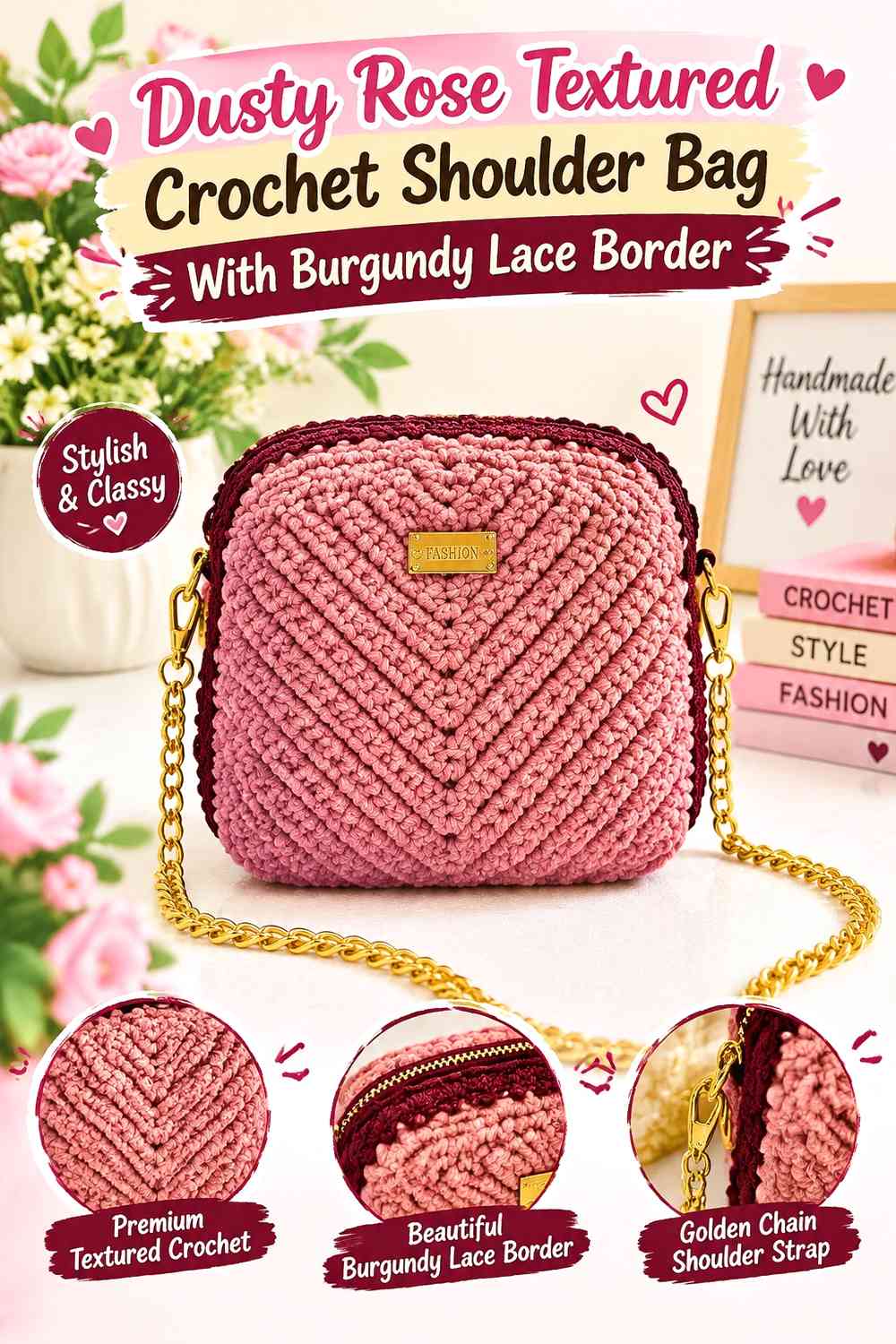 Dusty Rose Textured Crochet Shoulder Bag With Burgundy Lace Border