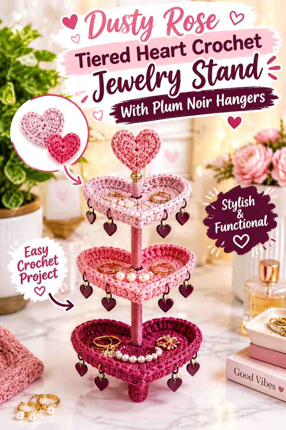 Dusty Rose Tiered Heart Crochet Jewelry Stand With Plum Noir Hangers