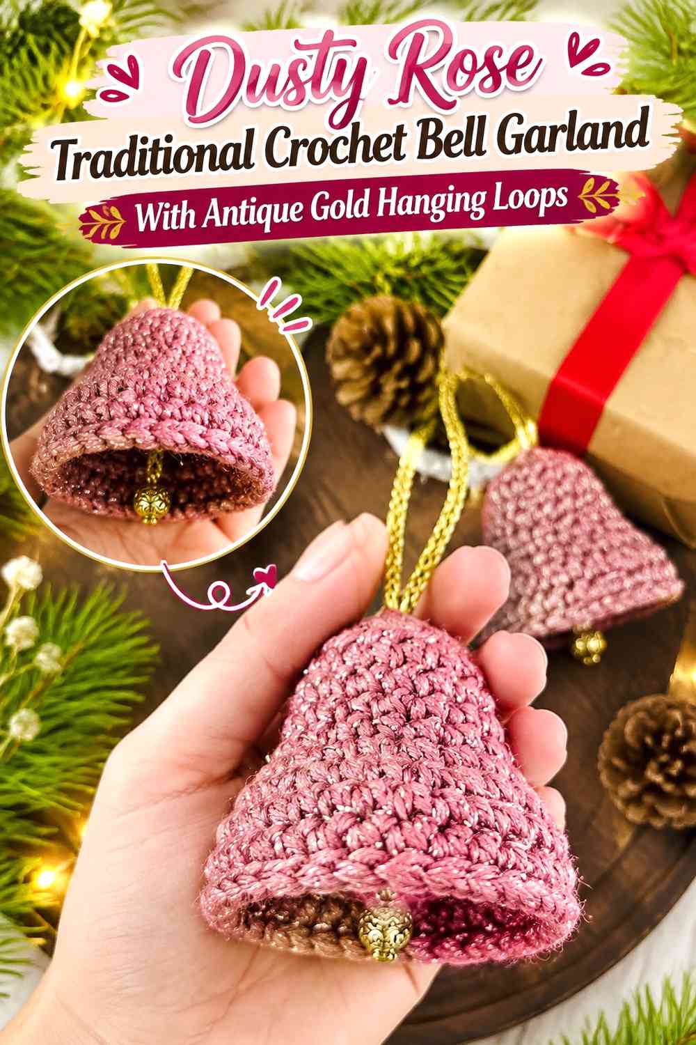 Dusty Rose Traditional Crochet Bell Garland With Antique Gold Hanging Loops