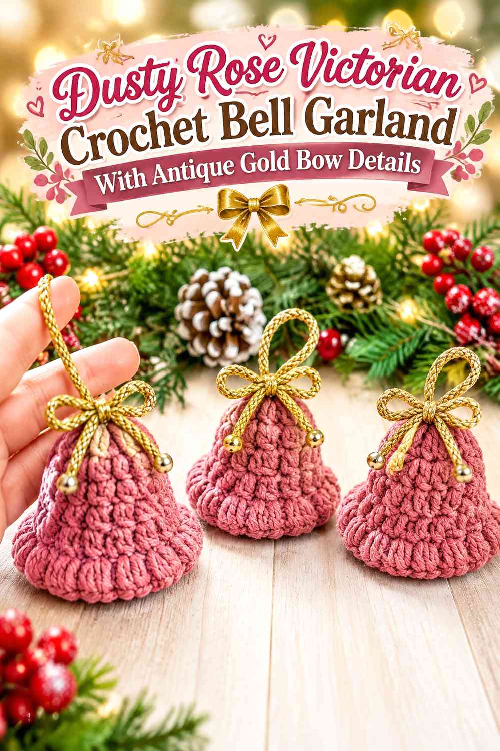 Dusty Rose Victorian Crochet Bell Garland With Antique Gold Bow Details