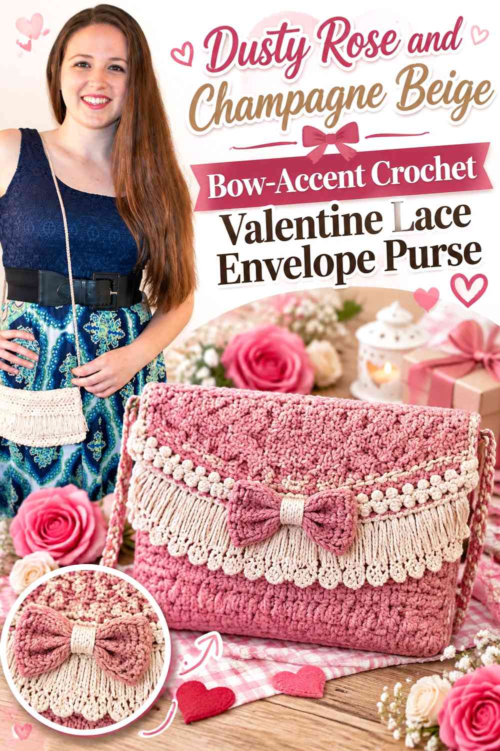 Dusty Rose and Champagne Beige Bow-Accent Crochet Valentine Lace Envelope Purse
