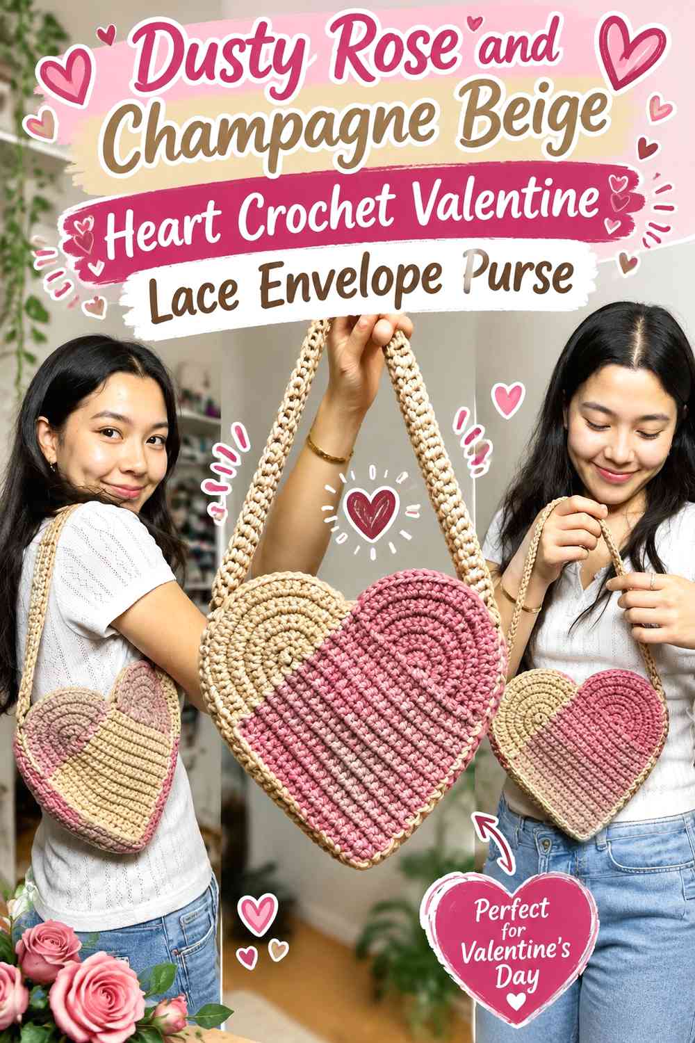 Dusty Rose and Champagne Beige Heart Crochet Valentine Lace Envelope Purse